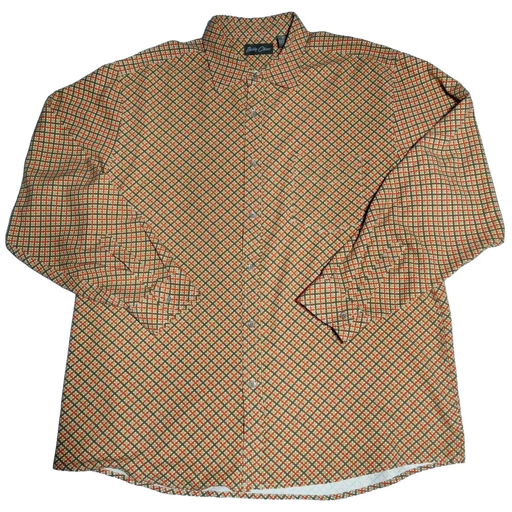 BOBBY CHAN SILK Men XL‎ Orange Brown Diagonal Check Button-Up Shirt EUC